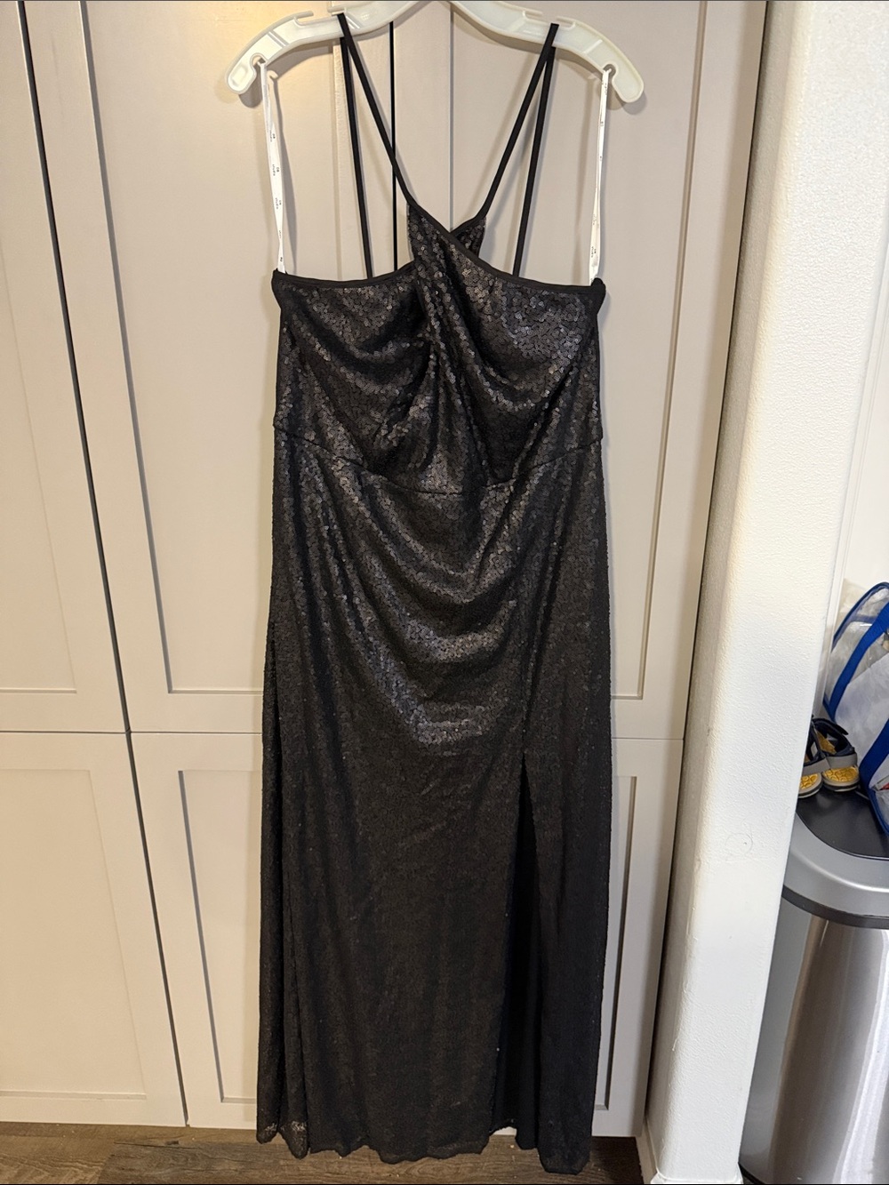 David's Bridal Black Sequin Maxi Slip Dress with Slit